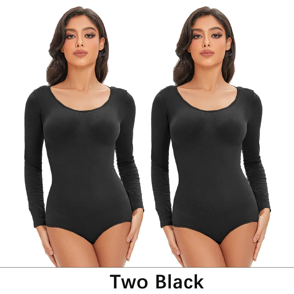 POKARLA Spandex Elastic Body Suit Shapewear Women Body Shaper Tummy Control Long Sleeve Open Crotch Round Neck Seamless Shapers.