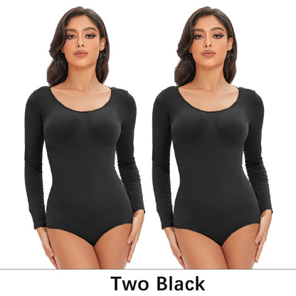 POKARLA Spandex Elastic Body Suit Shapewear Women Body Shaper Tummy Control Long Sleeve Open Crotch Round Neck Seamless Shapers.