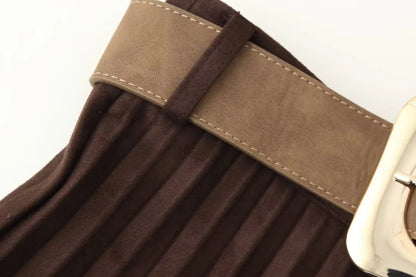 European and American style autumn new fashion trend casual simple women's matching belt suede effect pleated midi skirt.