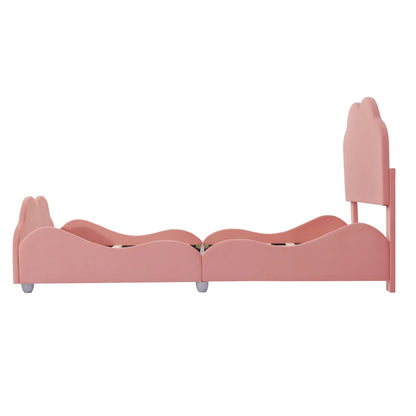 Kinderbett 90 x 200 cm hohes Geländer, Kinderbettgestell mit wolkenförmigem Kopf und Fußteil, Bett aus hautfreundlichem Samt