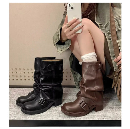 Pleated Buckle Knight Boots for Women Autumn Brown PU Leather Mid Calf Boots Woman Slip-On Thick Heel Riding Botas Mujer 2024.