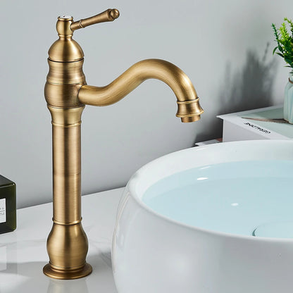 Antique Brass Basin Vessel Sink Faucet Deck Mounted One Hole Cold Hot Water Cold Hot Mixer Tap Bathroom Faucet