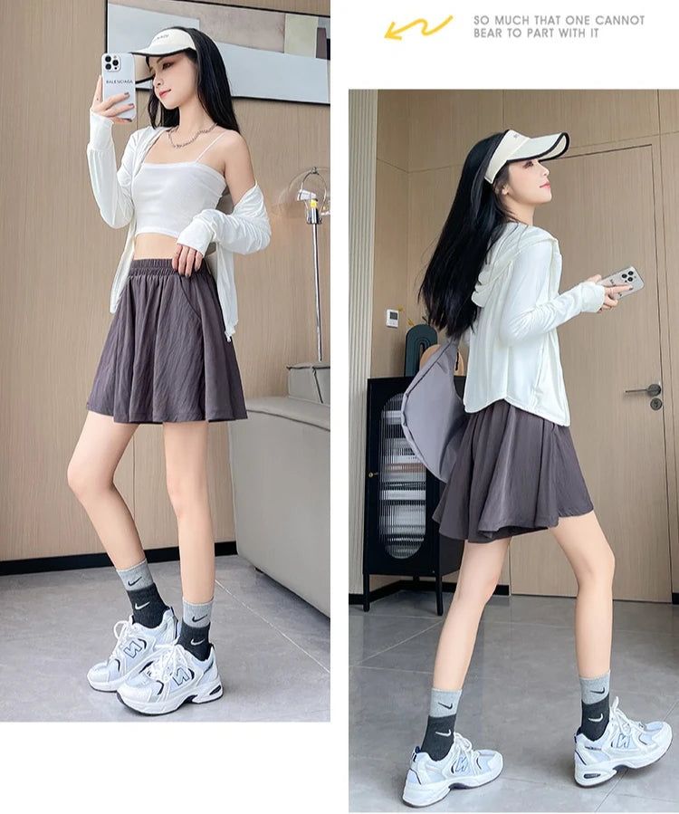 Women Quick Dry Sporty Short Pants Summer Thin Pleated Shorts Skirts High Waist A- Line Five Quarter Pants Cool Wide Leg Pants