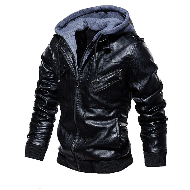 American Autumn and Winter Men's Leather Jacket Top Men's Warm Hooded Jacket, Men's Casual Trendy Jacket.