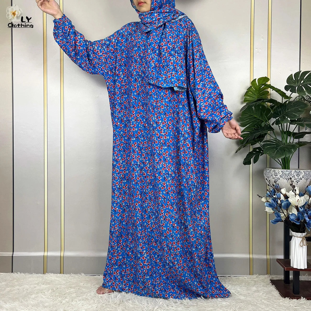 New Muslim Long Sleeved Cotton For Women Ramadan Prayer Turkey Middle East Femme Robe Floral Loose African Abaya Dress Scarfs