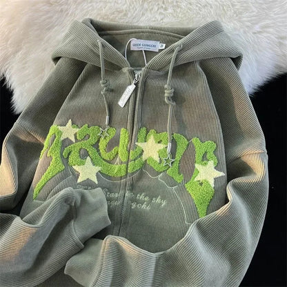Plus Größe XL-3XL Cord Stickerei Lose Hoodies Frauen Frühling Herbst Lange Sleeve Zipper Kapuze Hemd Harajuku Y2K Sweatshirt.