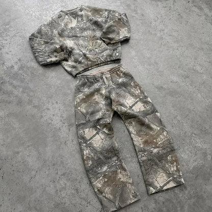 Y2K Camouflage 2 Piece Set European American Harajuku Zipper Hoodie Pullover Oversize Sweatpants Casual Wide Leg Pant Streetwear.