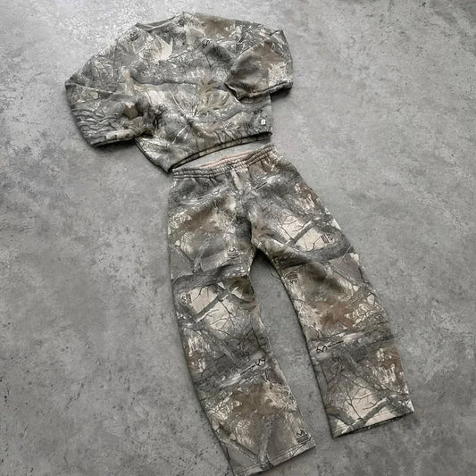 Y2K Camouflage 2 Piece Set European American Harajuku Zipper Hoodie Pullover Oversize Sweatpants Casual Wide Leg Pant Streetwear.
