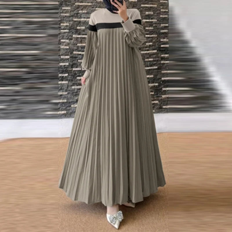 ZANZEA Autumn Women Muslim Dress Turkey Abaya Elegant Long Lantern Sleeve Patchwork Sundress Pleated Vestidos Islamic Dubai Robe.