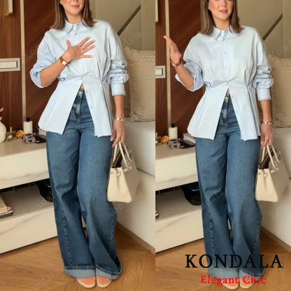 KONDALA Fall Women Elegant Blue Shirt Lapel Waist Buttons Shirt Office Lady Tops New 2025 Spring Autumn Fashion Commuter Shirt.