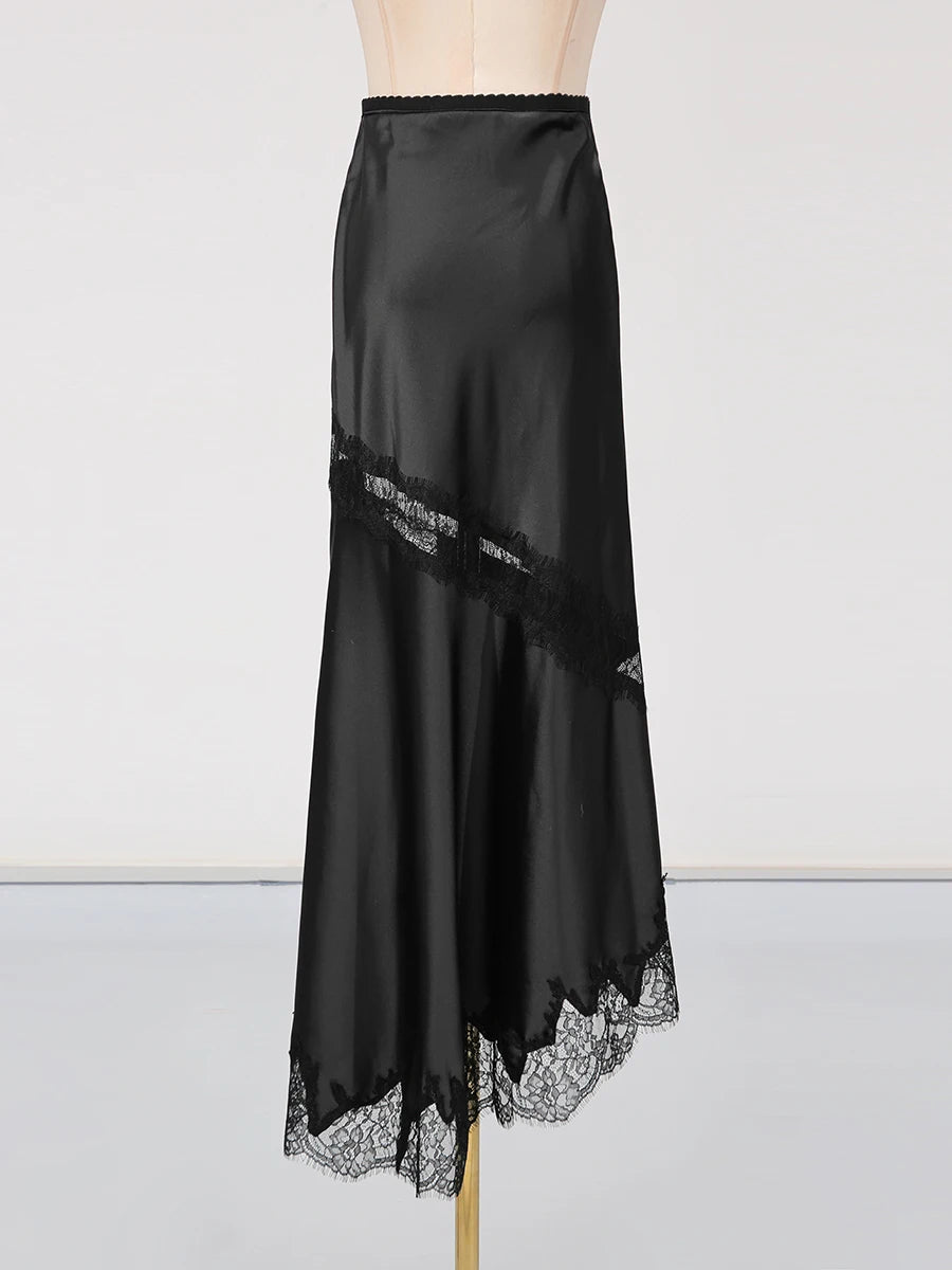 GALCAUR Hit Color Sheer Spliced Lace Elegant Skirts for Women High Waist Patchwork Split Temperament Skirt Female Fashion Style.