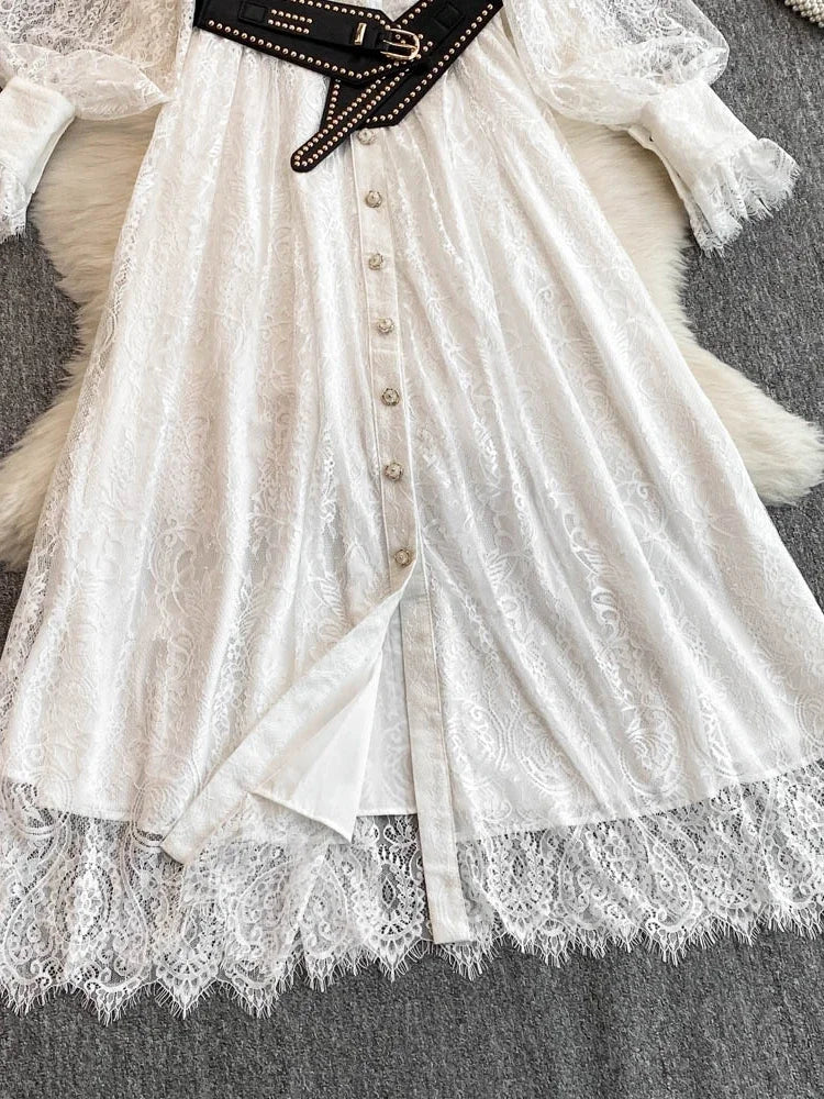 Neue Frühling Herbst Spitze Kleid für Frauen Weiß Schwarz Elegante Taille Langarm Stil Geburtstag Party Kleid Weibliche C186.