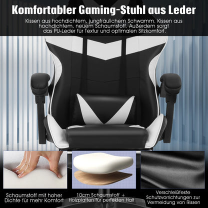 Bürostuhl Gaming Stuhl Massage Gaming Sessel Ergonomischer Gamer Stuhl mit Fußstütze, Kopfstütze Massage-Lendenkissen, Gepolstert Gaming Chair, Drehsessel Weiß