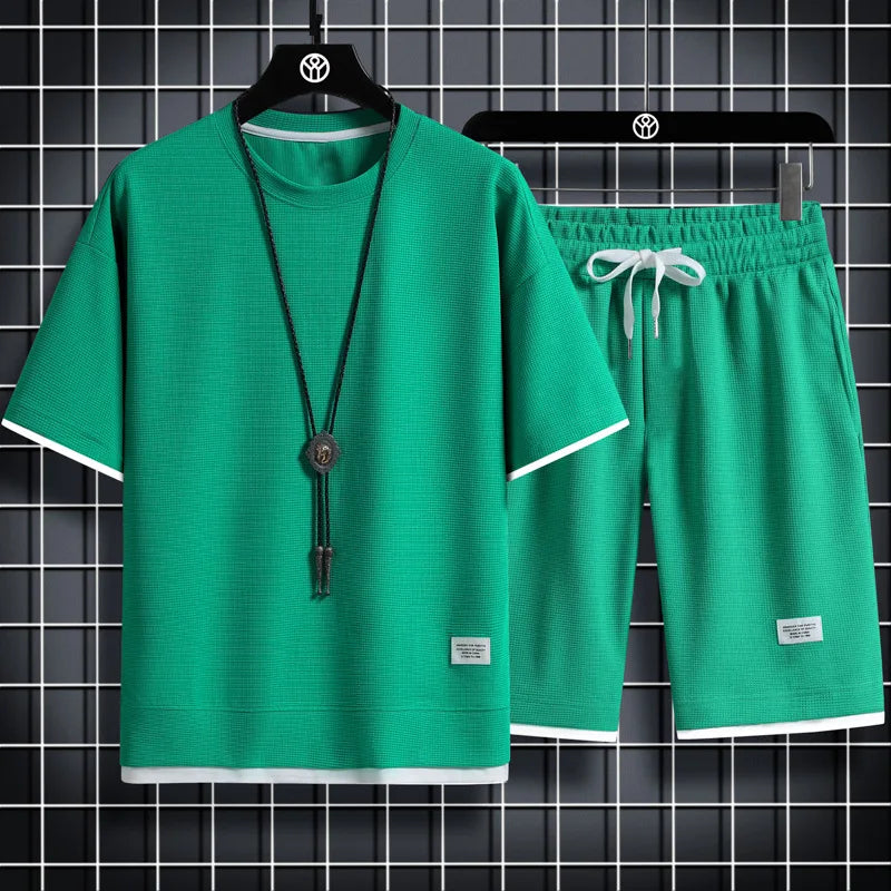 2025 New Men Europe and the United States new summer Waffle solid color short-sleeve suit shorts two sets.