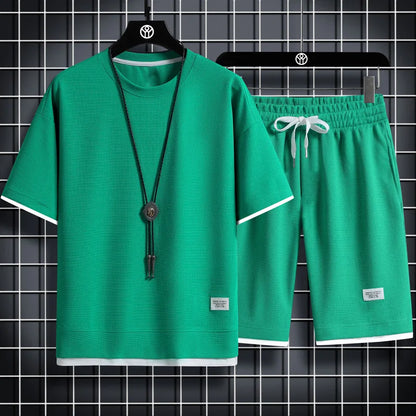 2025 New Men Europe and the United States new summer Waffle solid color short-sleeve suit shorts two sets.