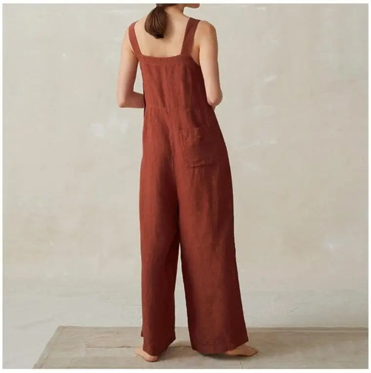 Women Cotton Linen Wide Leg Overalls Summer Fashion Off The Shoulder Sleeveless Solid Color Pocket Jumpsuits JYFS-8929.
