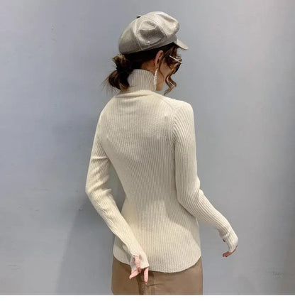 Women Clothing Fashion Elegant Turtleneck Pullover Autumn Winter Solid Slim Long Sleeve Sweater Office Lady Casual Dignified Top.