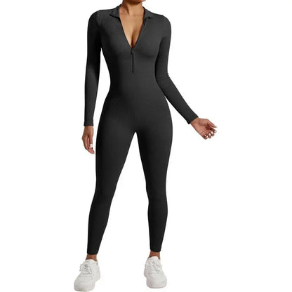 Seamless Long Sleeve Yoga Suit Waist-Fitted Shaping Trousers Casual Sports One-Piece Zippered Fitness Wear