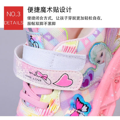 Disney Children's Sports Shoes Led Lights Sneaker Cartoon Frozen Princess  Elsa PU Leather Girls' Pink Children's Running Shoes.