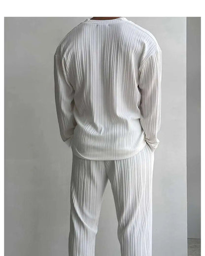 Thin Solid Color Sexy Deep V Cardigan Knitted Sweater Shirt Casual Fashion Suit Two-piece Sets for Men.