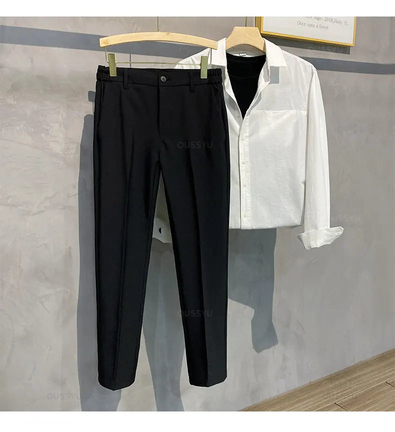 2025 Autumn Winter Men's Casual Pants Suit Pant Slim Fit Work Elastic Waist Jogging Business Trousers Male Black Plus Size 40 42.