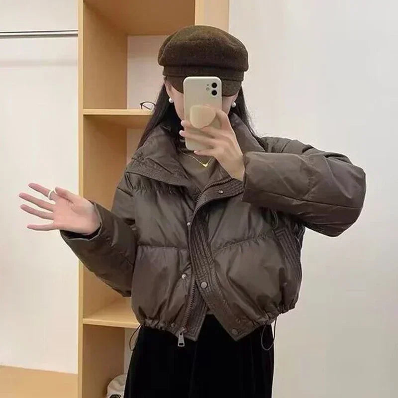 Winter Warme Dicke Parkas Frauen Neue Mode Lose Ernte Jacke Weibliche Schwarz Baumwolle Gepolsterte PU Leder Elegante Zipper Mantel Y2K Tops.