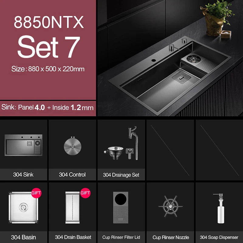 ASRAS New Waterfall Faucet Kitchen Sinks Nanometer Large Size 4mm Panel Handmade Sinks Cup Rinser Kitchen Sinks