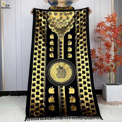 2023 New Muslim Summer Short Sleeve Robe Gold Stamping Boubou Maxi Women Femme Loose Dress With Big Scarf African Abaya Clothes