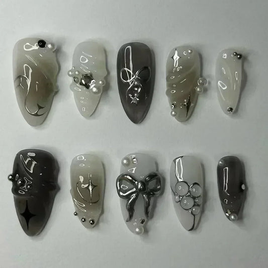 24Pcs False Nails Spicy Girl Silver Bow with Diamond Fake Nails with Glue Almond Press on Nails Black Cool Y2k Almond Nail Set.