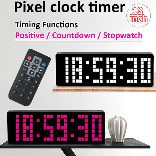 13 Zoll Pixel Digital Wanduhr Timer Positiv/Countdown/Stoppuhr Tischuhr mit Fernbedienung 12/24 Stunden LED Elektronische Uhren