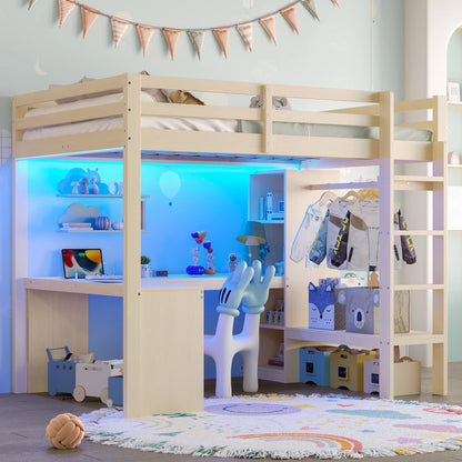 Modernes Kinder-Hochbett 140 x 200 mit Multifunktionsregalen, Unterbett-Schreibtisch, LED-Licht und USB, Kleiderschrank mit Stauraum, für Schlafzimmer