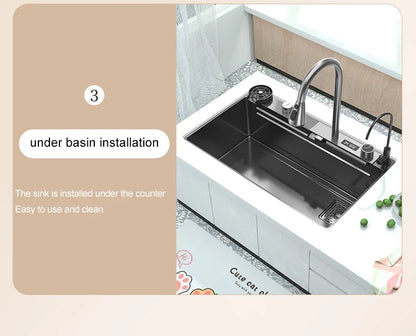 Waterfall Sink Kitchen Stainless Steel Topmount Sink Large Single Slot Wash Basin With Multifunction Touch Waterfall Faucet