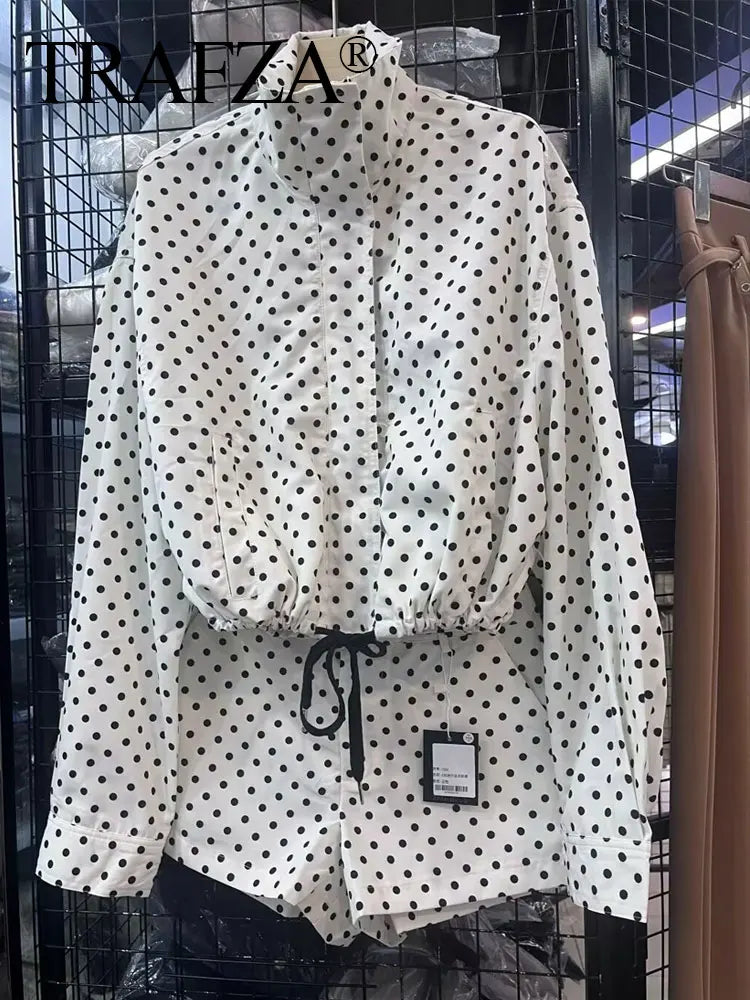 TRAFZA Herbst Polka Dot Gedruckt Jacke Für Frauen Lange Ärmel Rollkragen Zipper Mit Taschen Kordelzug Lose Vintage Mäntel.