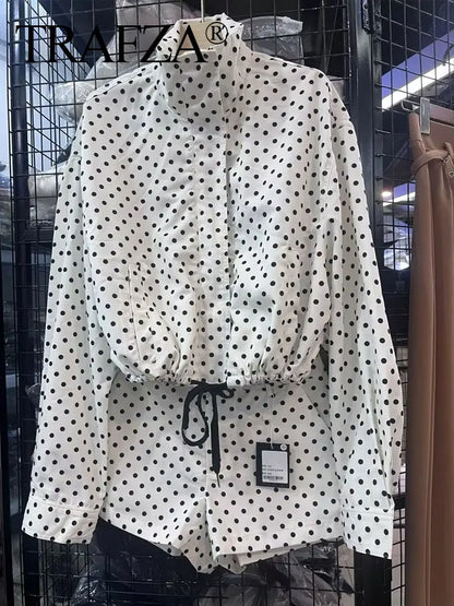 TRAFZA Herbst Polka Dot Gedruckt Jacke Für Frauen Lange Ärmel Rollkragen Zipper Mit Taschen Kordelzug Lose Vintage Mäntel.
