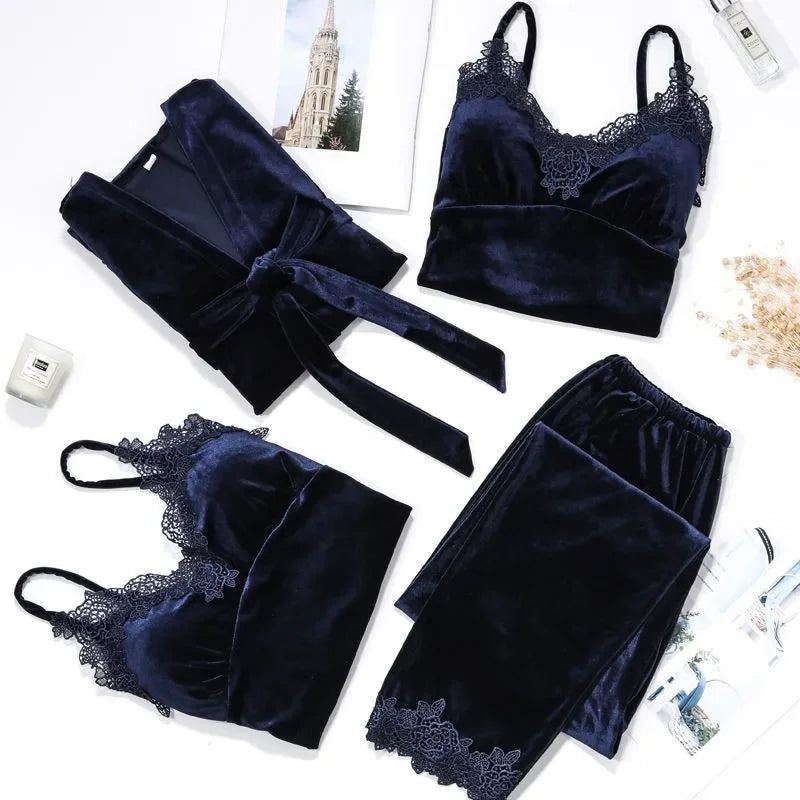 Autumn Velvet Women 4PCS Pajamas Set Sleepwear Burgundy Velour Bathrobe Nightwear Lace Patchwork Pijamas Suit Sexy Negligee.