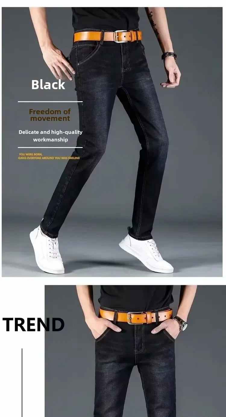 Summer Men's Stretch Jeans Straight-Leg Loose-Fit Business Casual Versatile Long Pants Lightweight Wear-Resistant.