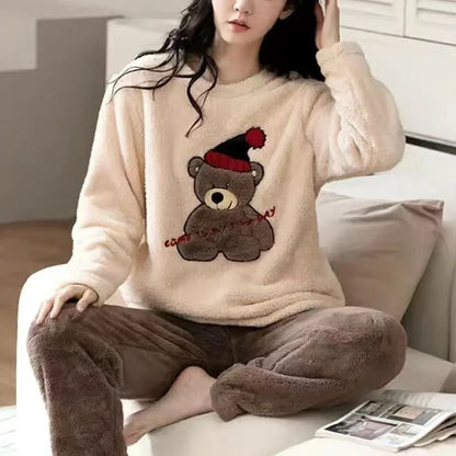 Verdickte warme große Größe gepolsterte Herbst und Winter Damen Pyjama Top und Hose Set Korallen Samt Damen Cartoon Bär 2 Teile/satz.
