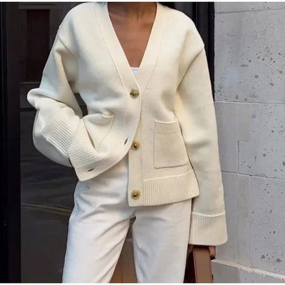Damenjacke mit V-Ausschnitt, einfarbig, langärmelig, Strickjacke, modischer, lockerer, lässiger Pullover.
