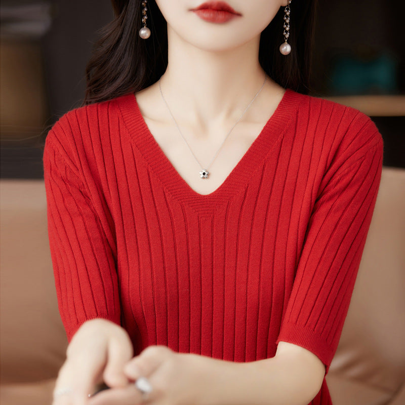 Frauen Pullover Frühling Sommer Kurzarm V-ausschnitt Strick Hemd Casual Koreanische Pullover Streifen Bodenbildung Shirt Slim Fit Jumper.