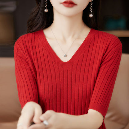 Frauen Pullover Frühling Sommer Kurzarm V-ausschnitt Strick Hemd Casual Koreanische Pullover Streifen Bodenbildung Shirt Slim Fit Jumper.