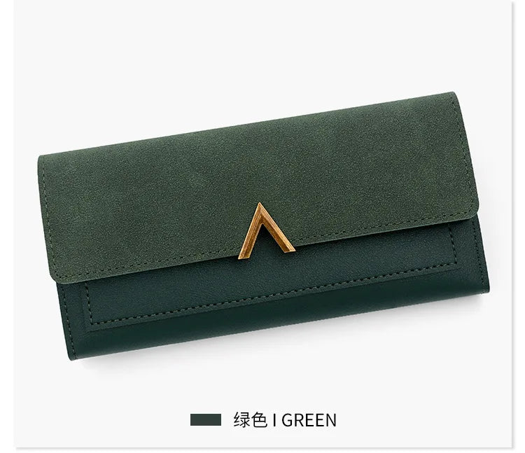 New Korean version women's wallet long V-shaped buckle three fold wallet for women, hand-held bag, change card bag.