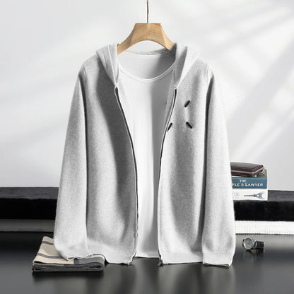 Men's 100% Cashmere Sweater Zipper Hooded Cardigan Warm Air Layer Thickened Jacket Jacquard Casual Knitted Wool Sweater.