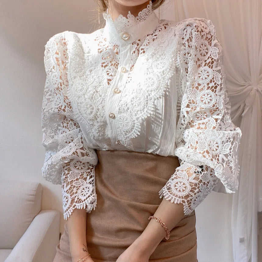 Fashion Long Sleeve Women Blouse Hollow Out Lace Blouse Shirt Tops Women Blusas Mujer De Moda 2024 Blouses Femme Women Shirts.