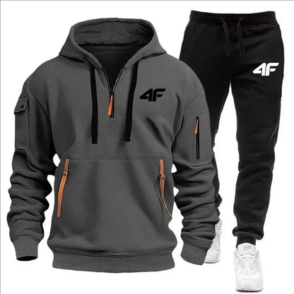 Autumn and winter casual jogging sportswear with zipper hood and multiple pockets, 2-piece set, large-sized S-3XL men's suit.
