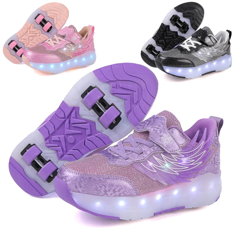 Boys Girls Roller Shoes LED Light Up USB Charging Children Roller Skate Casual Skateboarding Shoes Sports Shoes Kids Sneakers.