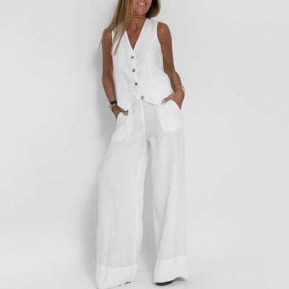 Autumn White Linen Two Piece Set For Women 2023 Fashion Sleeveless Tank Top New In Matching High Waist Wide Pants Set.