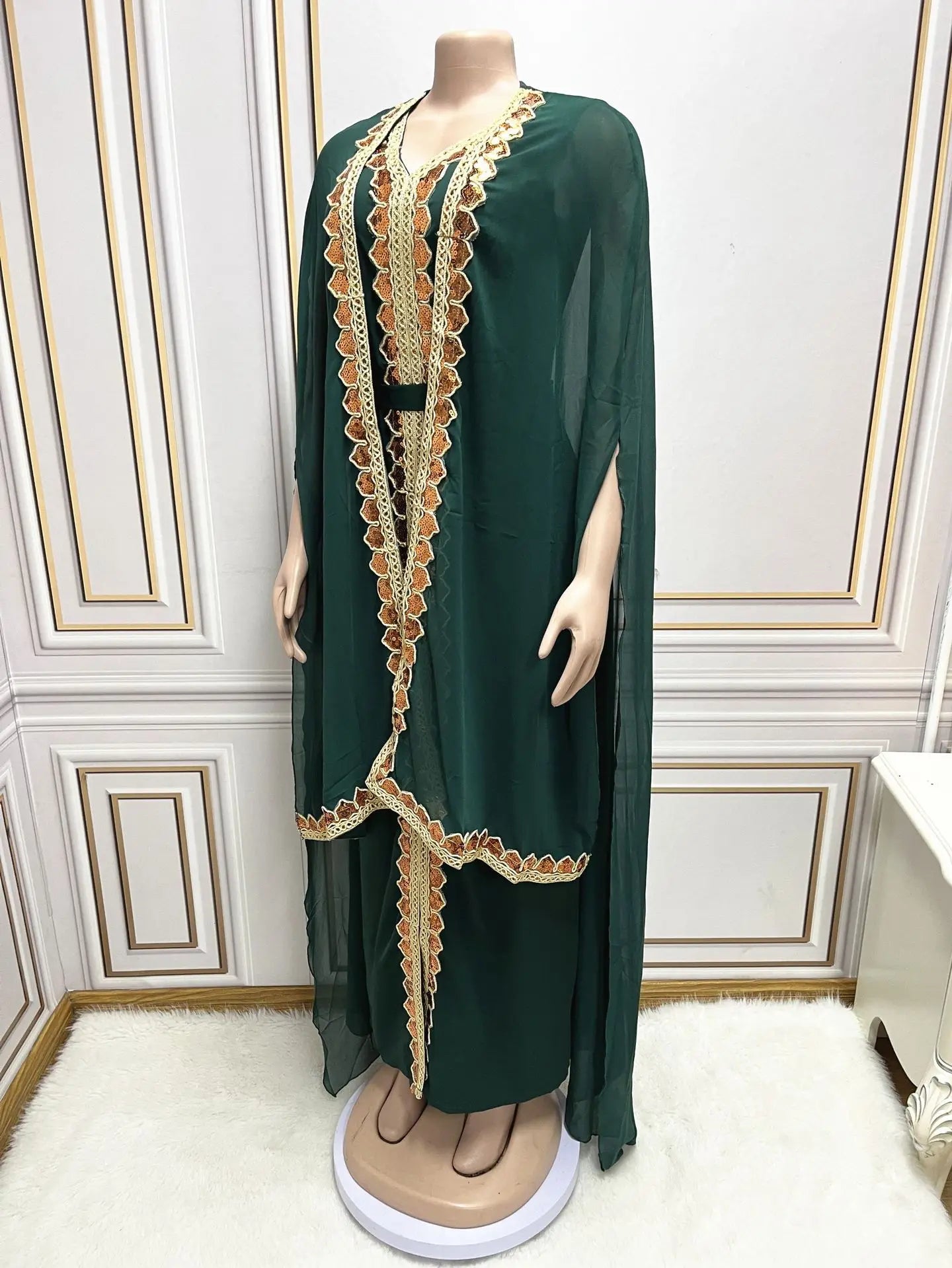 Elegant Muslim Abaya for Women Dress 2 Piece Set Chiffon Cloak Caftan Indian Party Dresses Sequins Kinono Robe Vestidos Abayas
