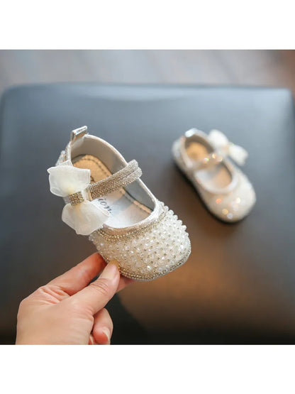 Girls Walking Shoes Lace Mesh Bows Kids Princess Shoes Non-slip Shiny Sequins 2025 New Children Flat Shoes Soft Sole Non-slip.