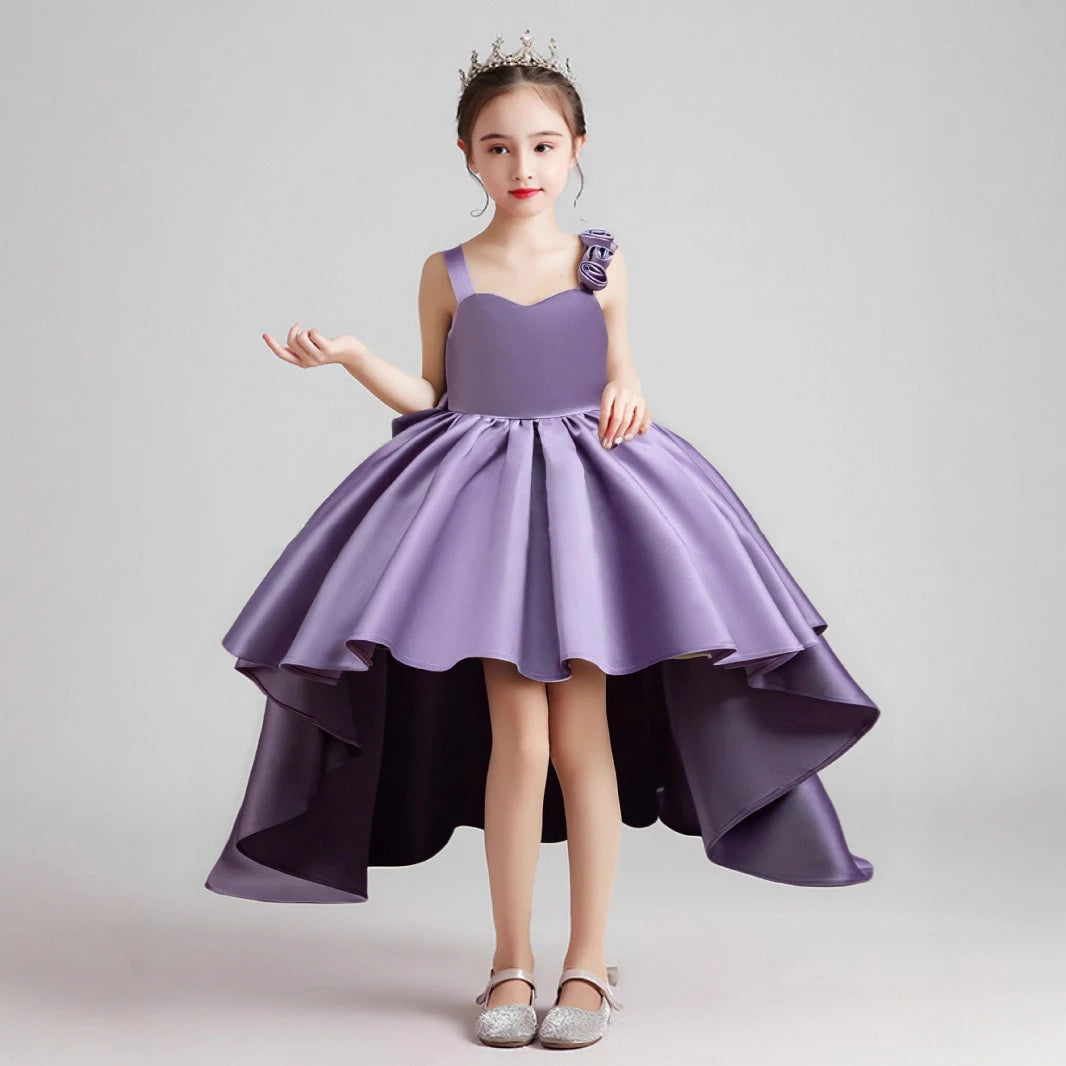 2025 Neues Mädchen-Partykleid mit lila Schwanz, Smoking für 2–6 Jahre alte Mädchen, Festival-Performance-Abendkleid, Huatong-Hochzeitskleid.