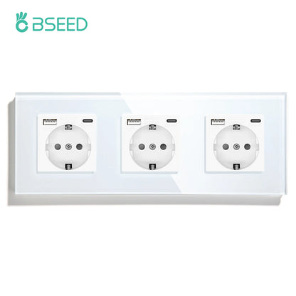 BSEED Touch-Lichtschalter, EU-Standard-Wandsteckdose mit USB Typ-C-Kristallglasscheibe, weiße Farbe, Netzstecker, 1/2/3 Gang-Schalter.